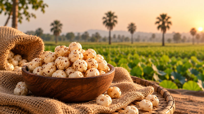 A wooden bowl of golden makhana in a Bihar field at sunset