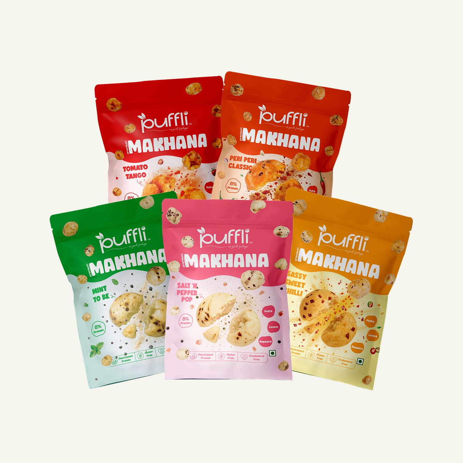 Five colorful packages of 'Puffli Makhana' snacks on a white background