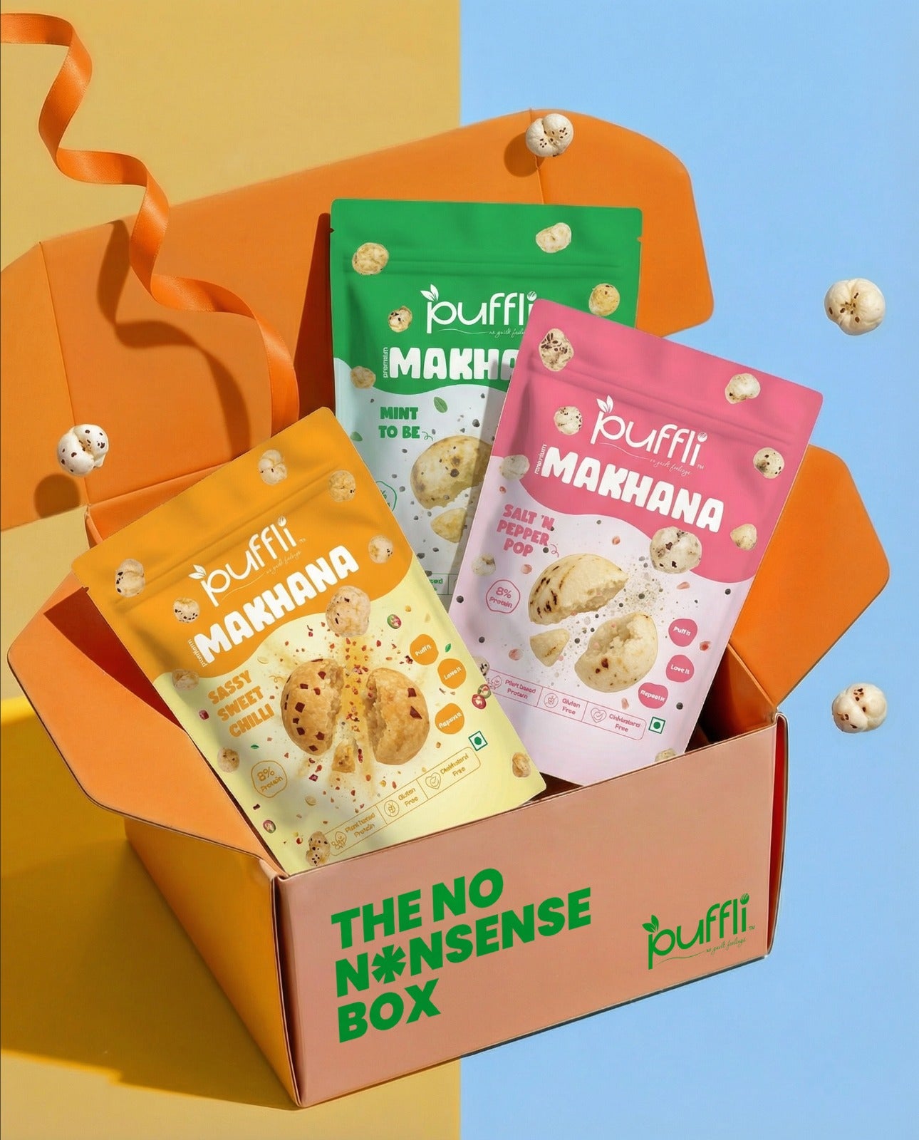 Open box with puffli Makhana packaging 