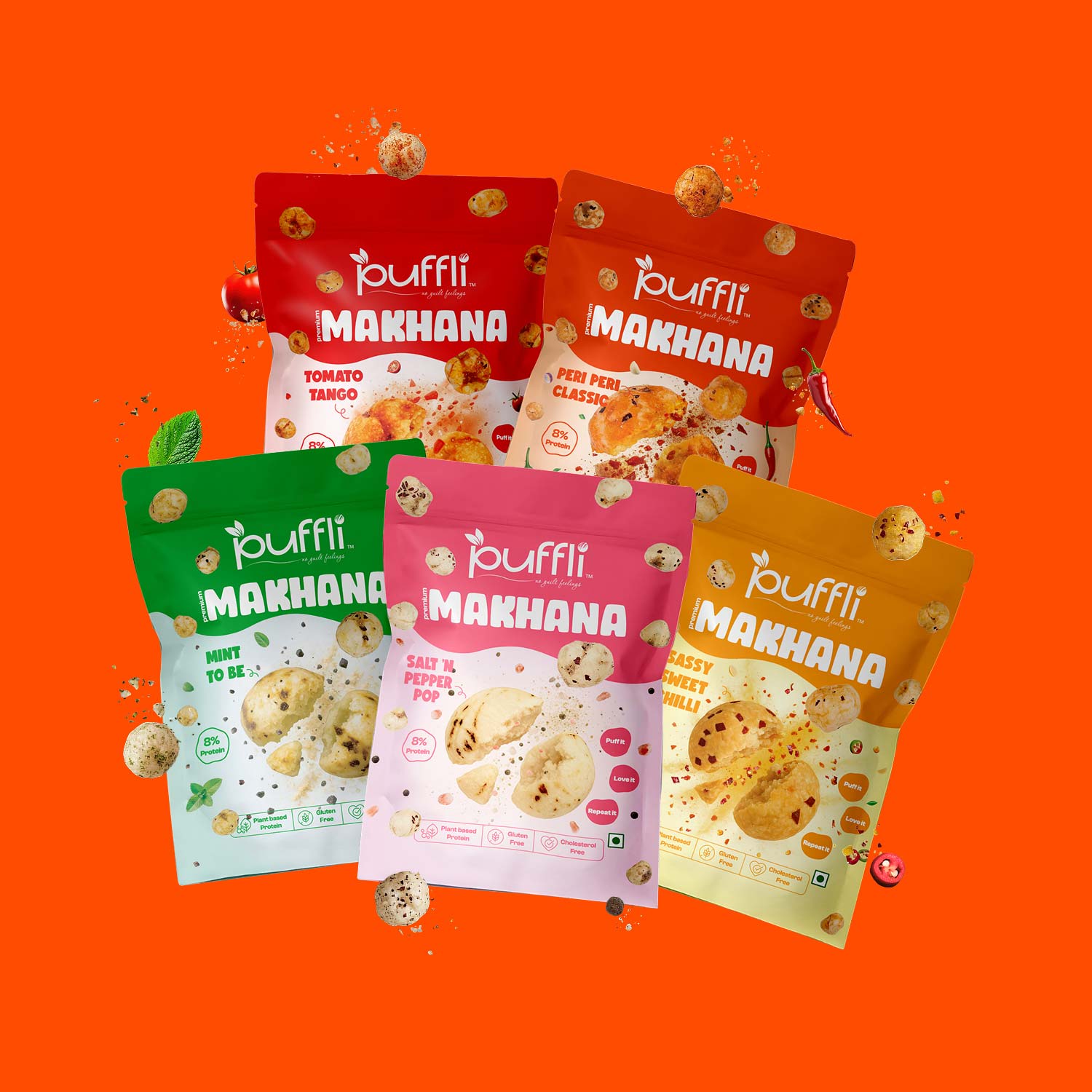 Five packages of puffli Makhana snacks on an orange background