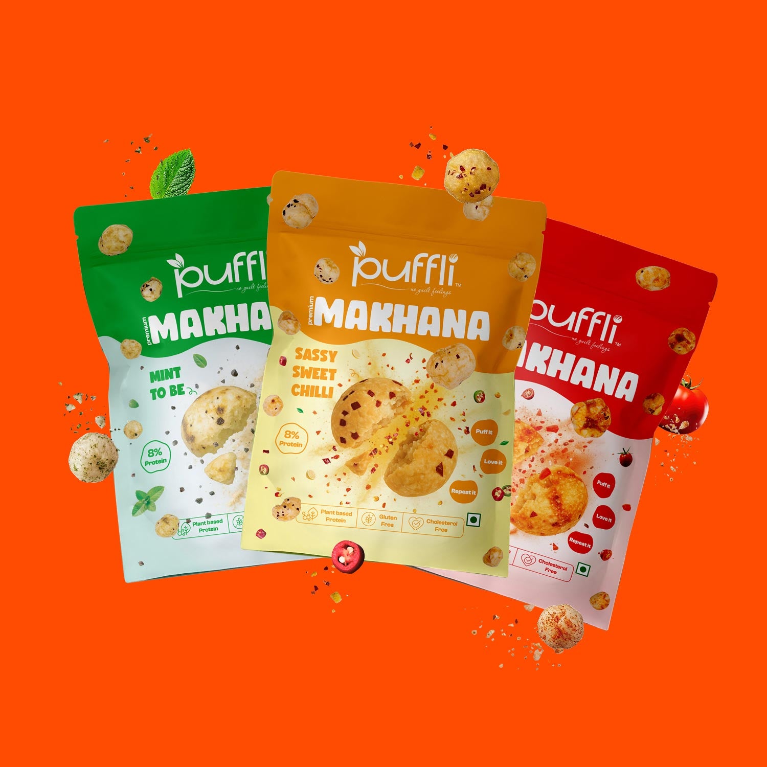 Three packages of puffli Makhana snacks 