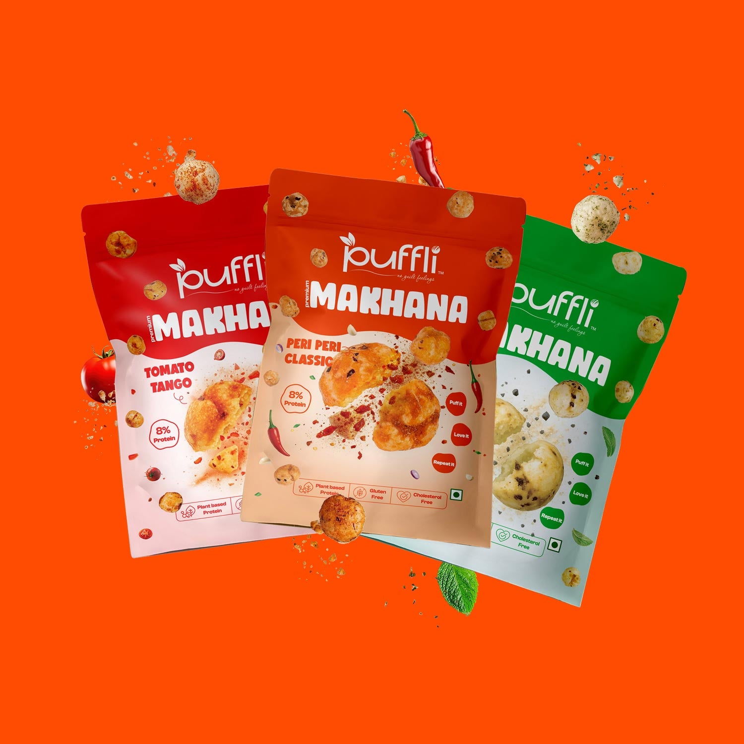 Three packages of Puffli Makhana snacks on an orange background