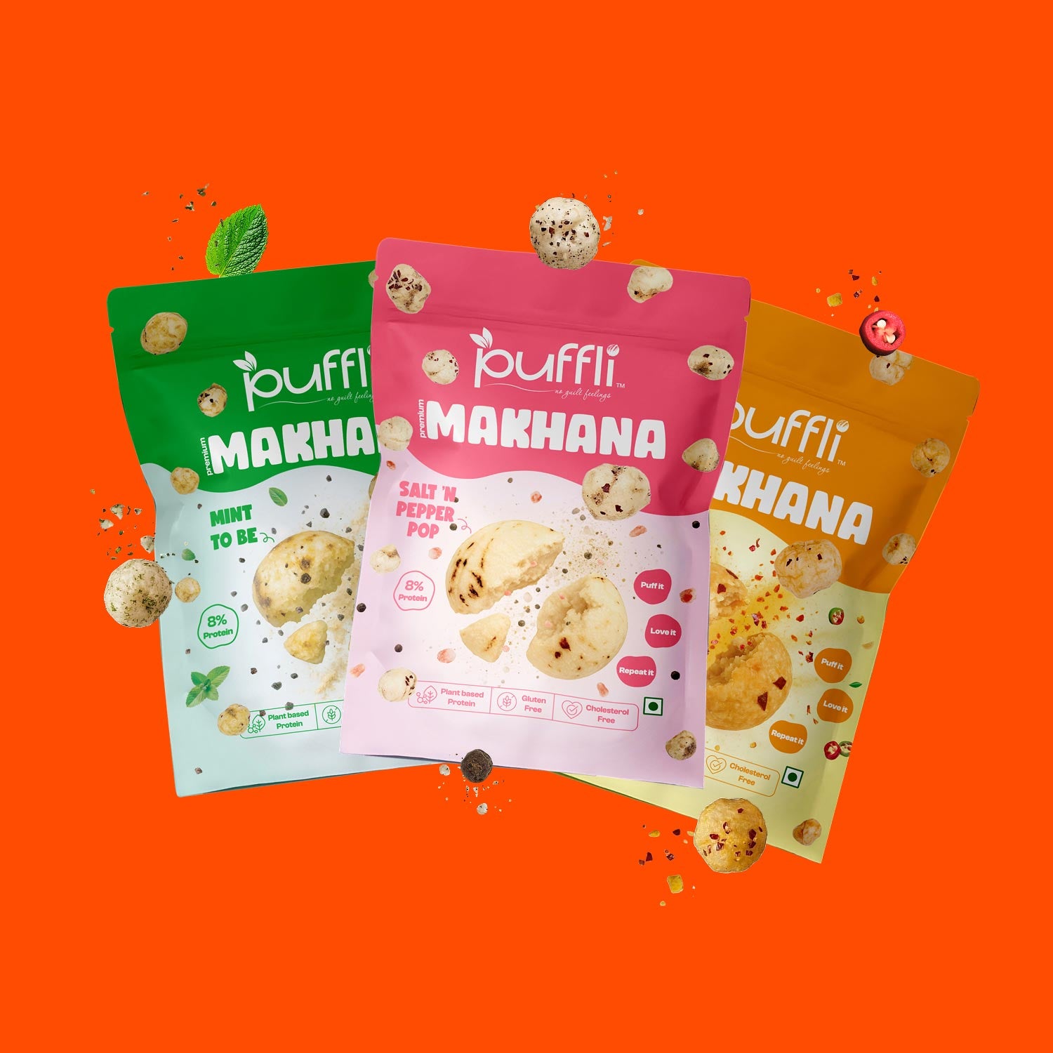 Three packages of puffli Makhana snacks on an orange background