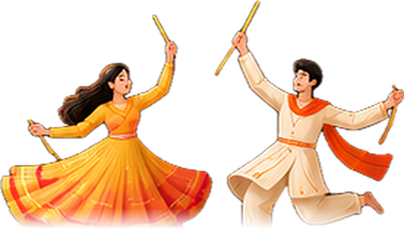 A couple dancing garba with dandiya sticks