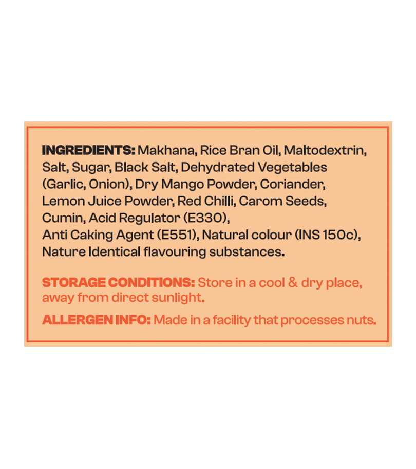 Ingredients list and storage conditions on a product label with an orange border.