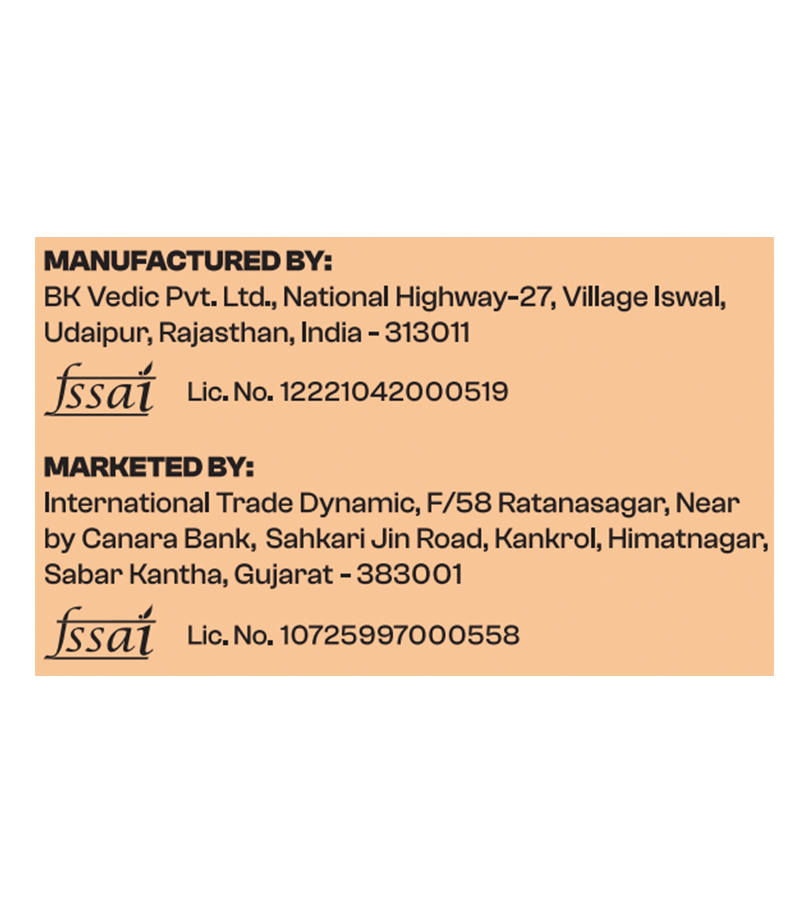 Manufacturing and marketing information label with addresses and FSSAI licenses 