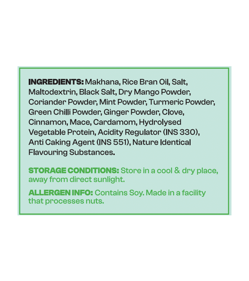 Ingredients list and storage conditions on a green label with white background