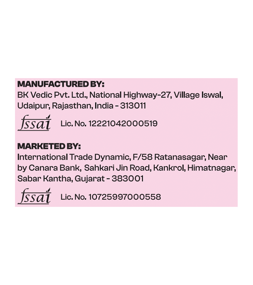 Product label with manufacturing and marketing information on a pink background