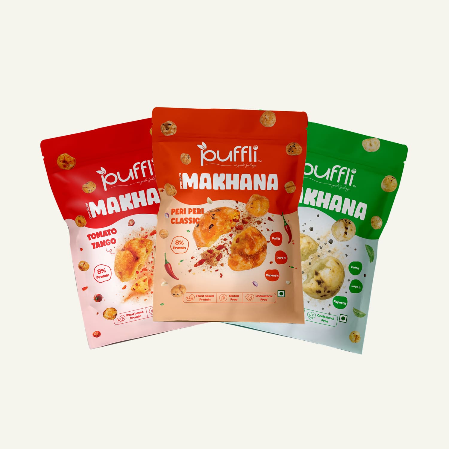 Three packages of puffli Makhana snacks on a white background
