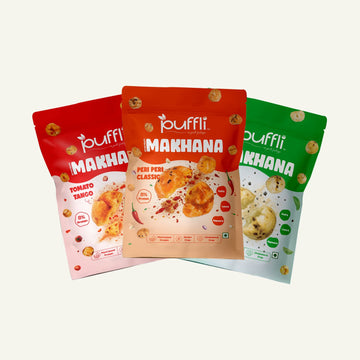 Three packages of puffli Makhana snacks on a white background
