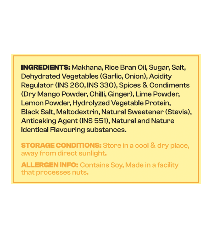 Ingredients list and storage conditions on a yellow background