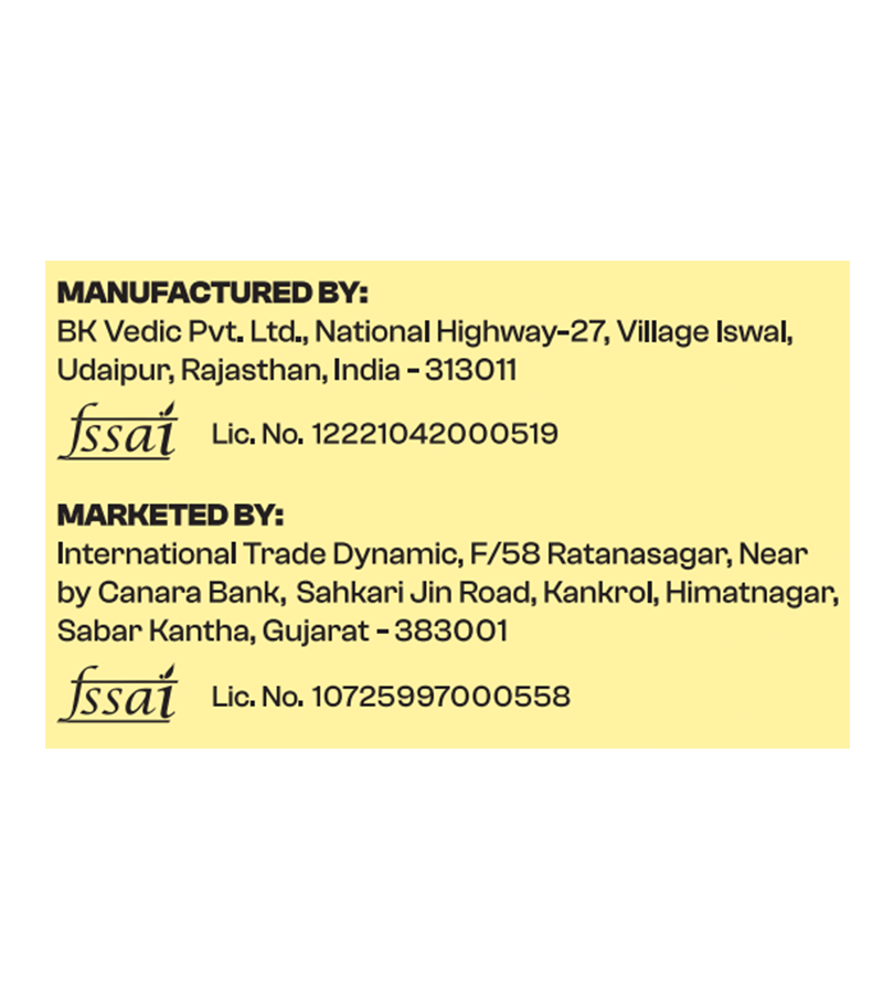 Yellow label with text providing manufacturing and marketing details on a white background