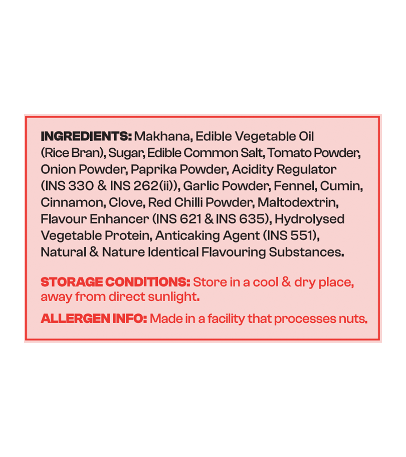 Ingredients list and storage conditions for a food product on a white background